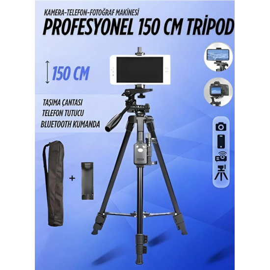 Profesyonel Kamera 150 Cm Çantalı Tripot Telefon Tutucu Bluetooth Kumandalı Vlog Video Çekim Tripodu